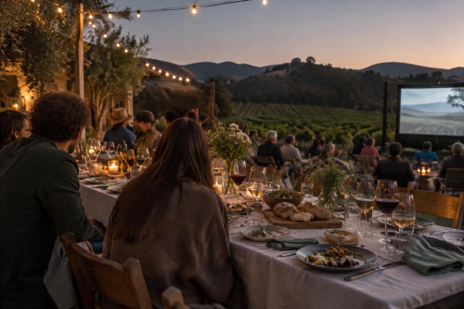 An outdoor vineyard supper with shared tables, wine, and a movie screen at dusk