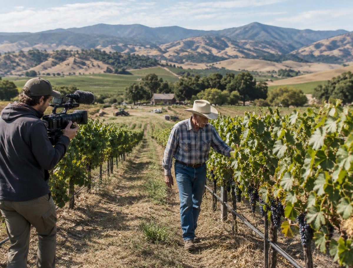 A documentary camera operator following a farmer through vineyard rows