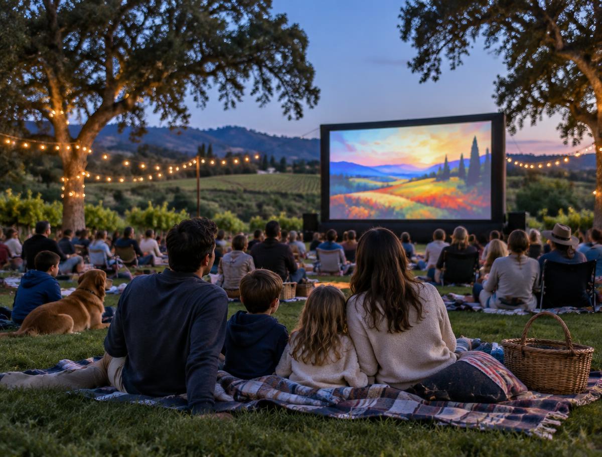 A family on a picnic blanket watching outdoor cinema under the stars