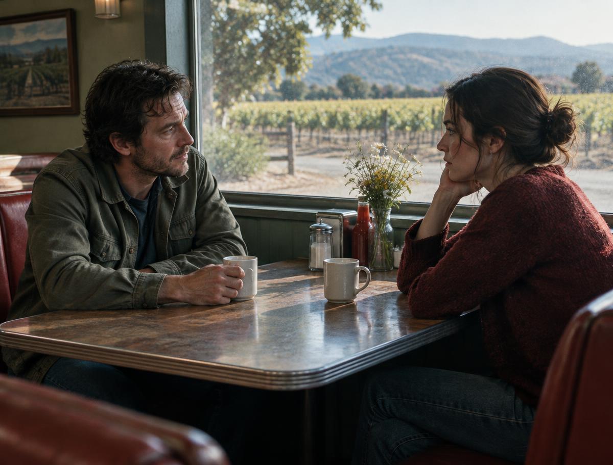 Two characters sharing a quiet conversation in a wine-country diner
