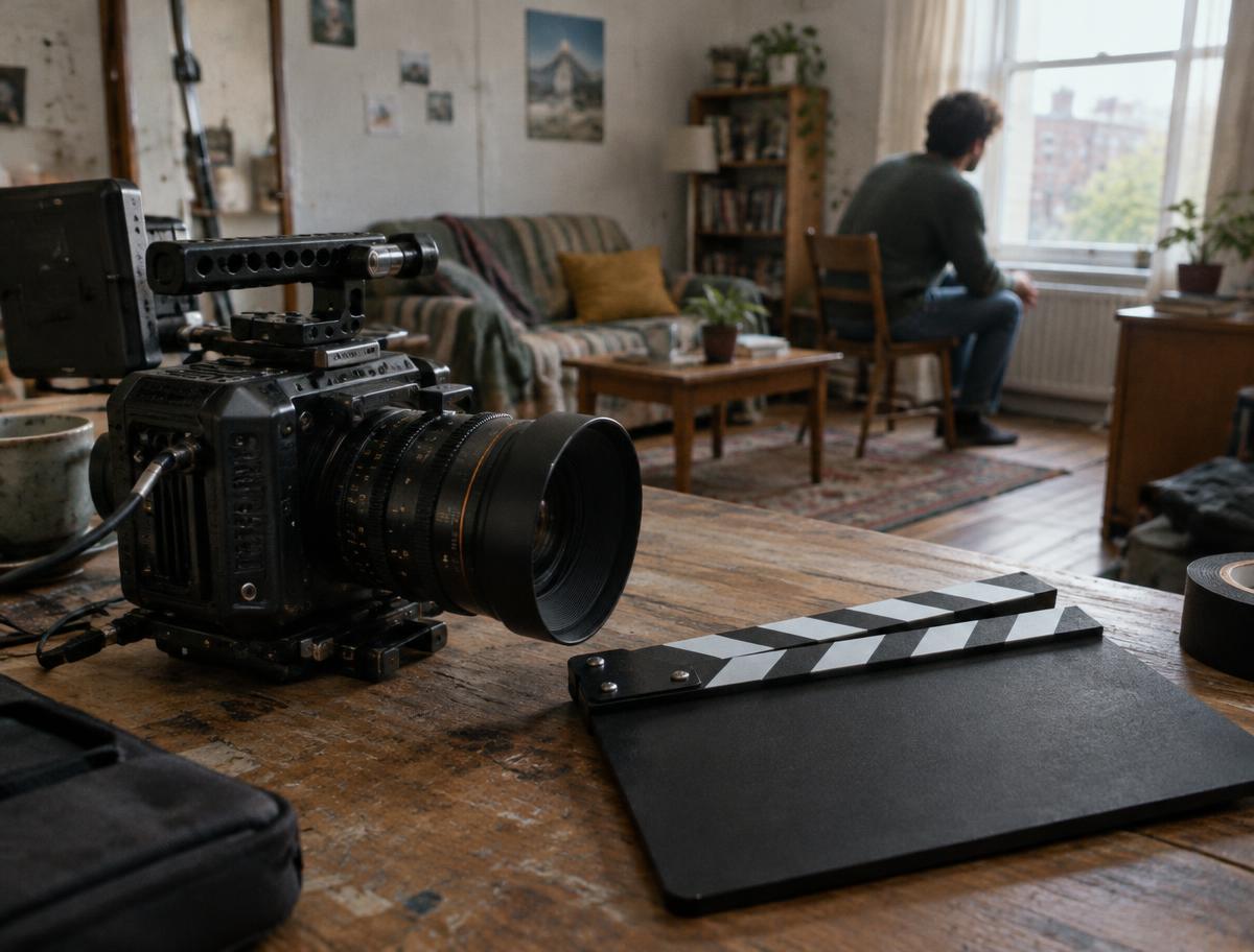 A cinema camera and clapperboard on a small independent film set