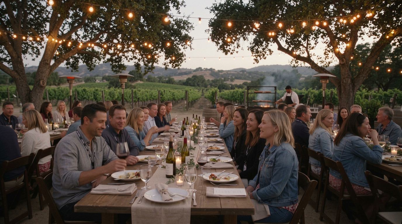A vineyard dinner under string lights