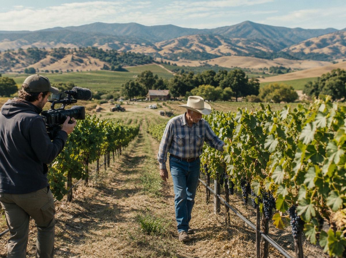A documentary camera operator following a farmer through vineyard rows