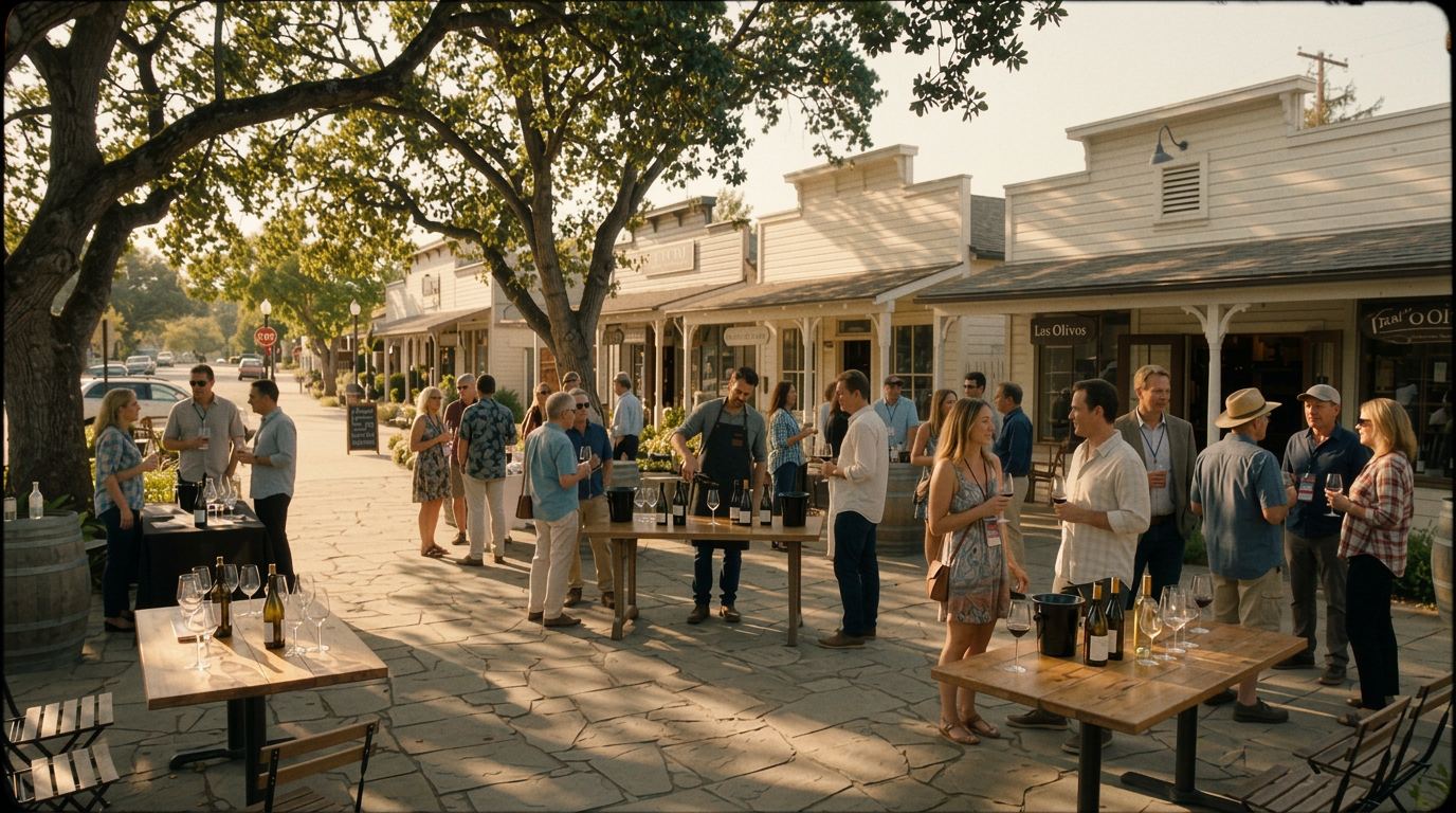 A town patio wine tasting with festival guests